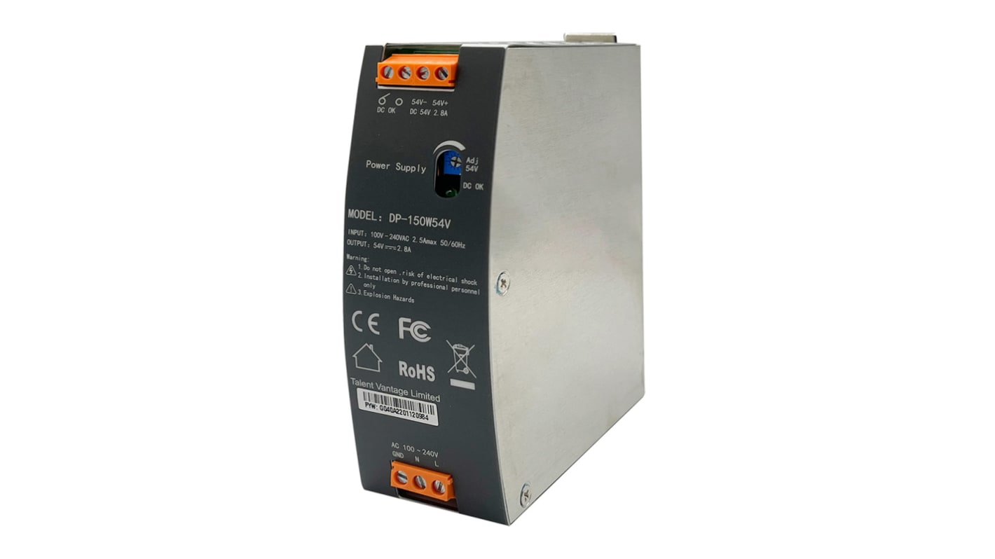 Edimax DP Switched Mode DIN Rail Power Supply, 90 → 264V ac ac Input, 54V dc dc Output, 2.8A Output, 150W