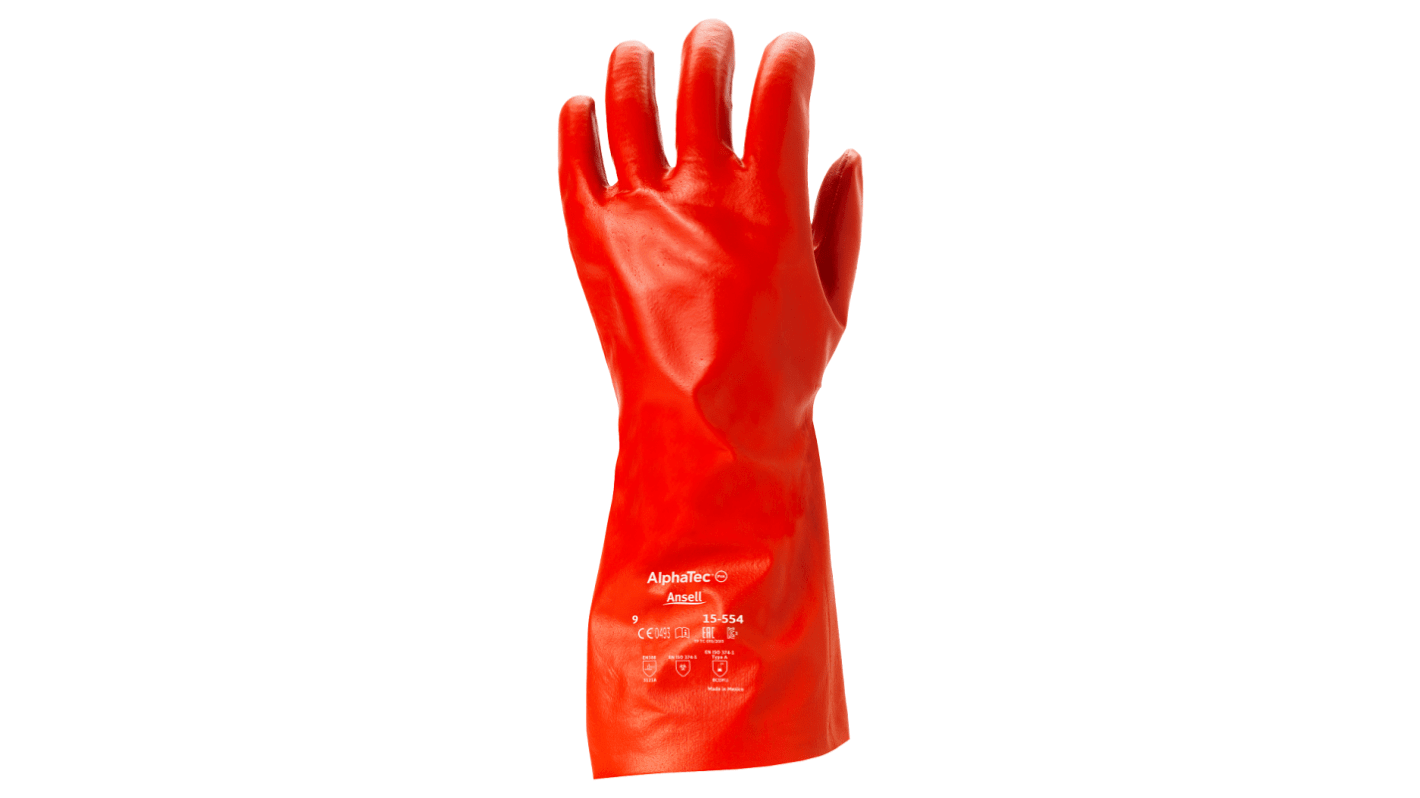 Ansell AlphaTec 15-554 Red PVC Chemical Resistant Work Gloves, Size 9, PVA Coating