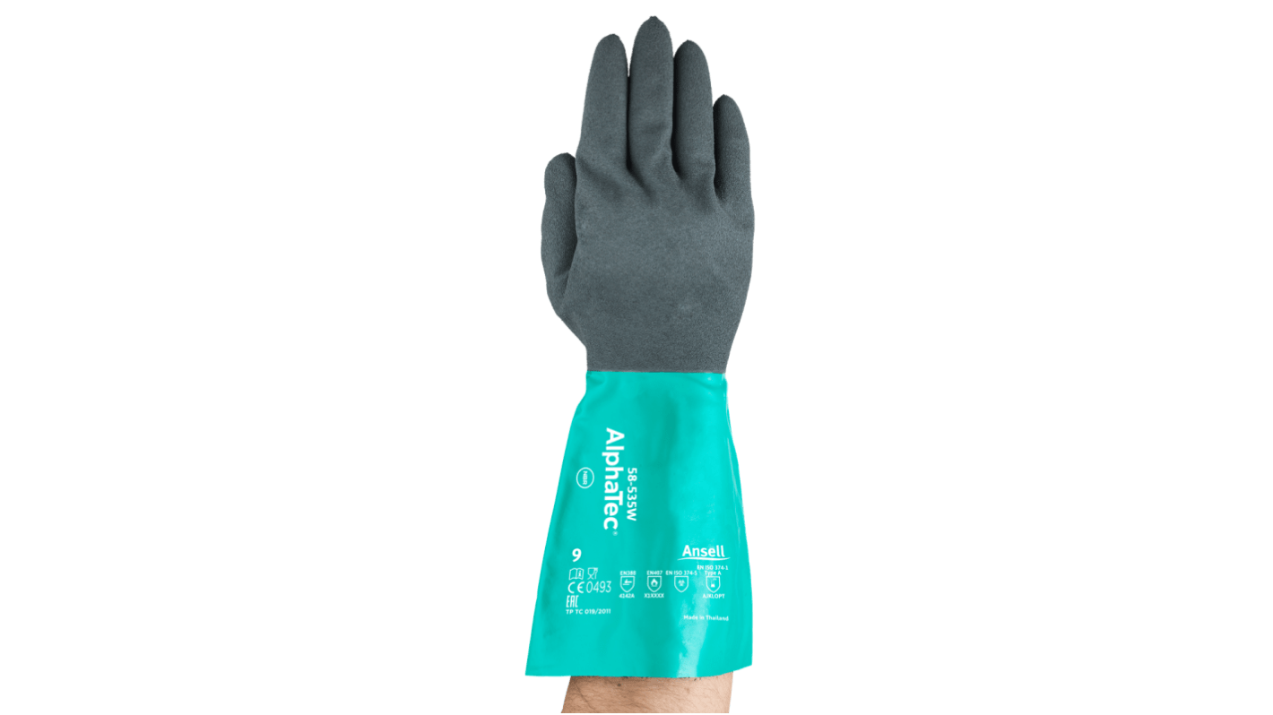Ansell AlphaTec 58-535W Green Nylon Abrasion Resistant, Chemical Resistant Gloves, Size 9, Nitrile Coating