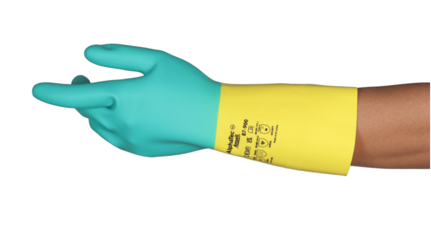 Ansell AlphaTec 87-900 Green, Yellow Latex Chemical Resistant Work Gloves, Size 8, Latex, Neoprene Coating