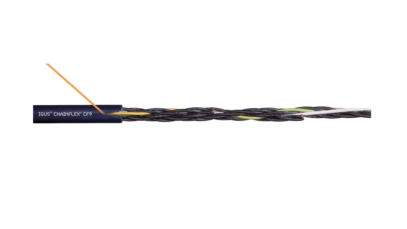 Igus CF9 Control Cable, 12 Cores, G1.0, Unscreened, 100m, Black/Green/Yellow Thermoplastic Elastomers TPE Sheath, 17