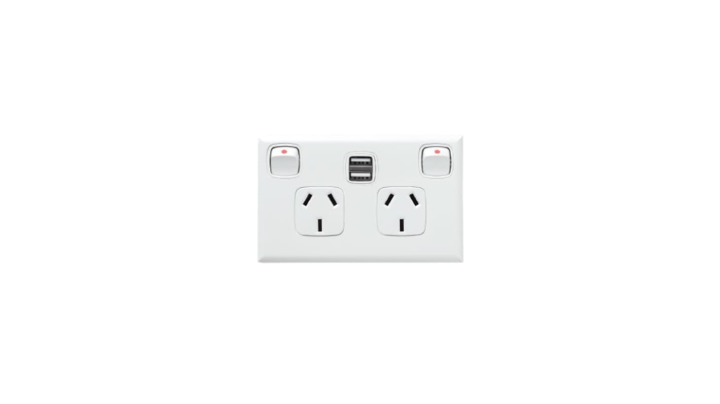 HPM White 2 Gang Power Socket, Double Pole Poles, 10A, Type I - ANZ/CN, Indoor Use