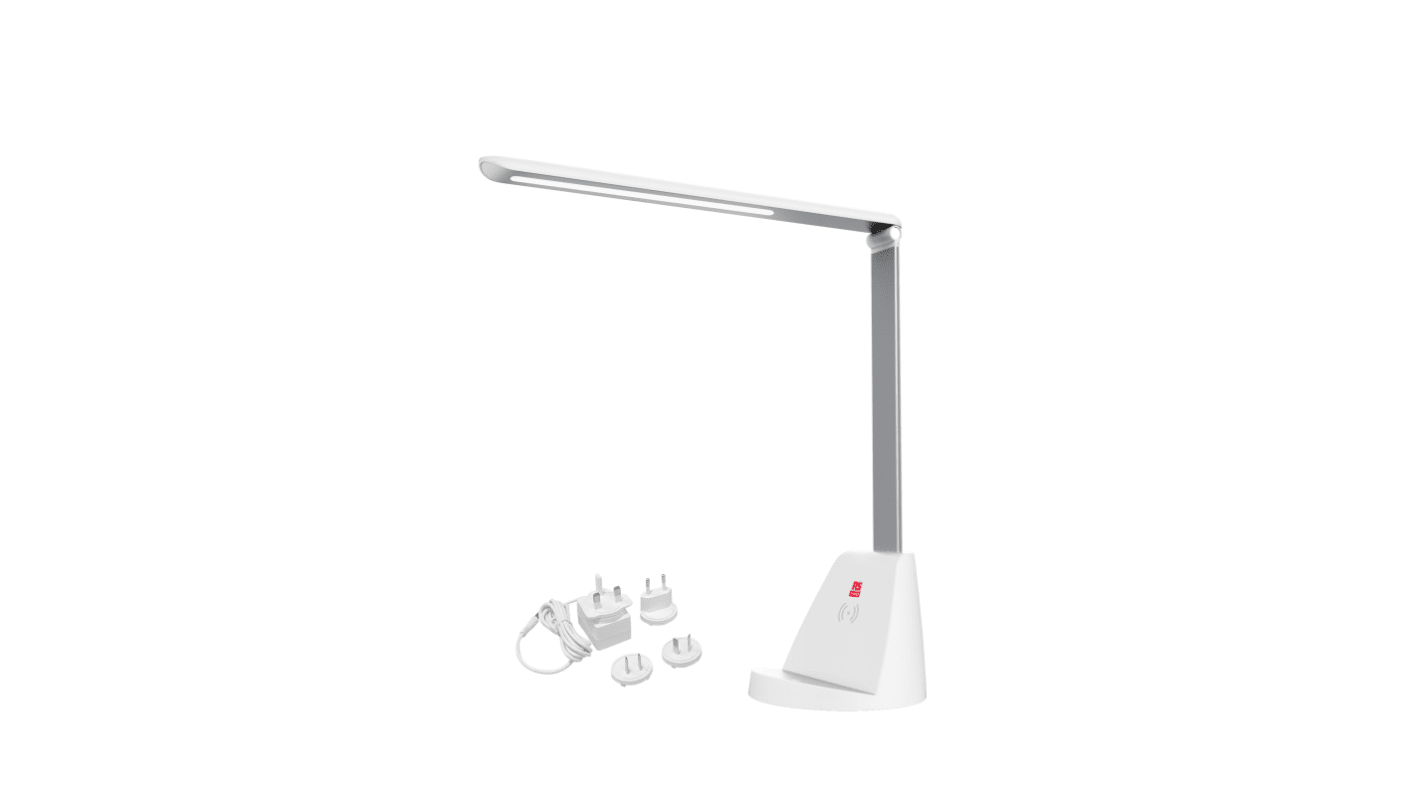 Lámpara de escritorio con cargador inalámbrico LED RS PRO, Brazo Rígido con Cabezal Ajustable, 5 W