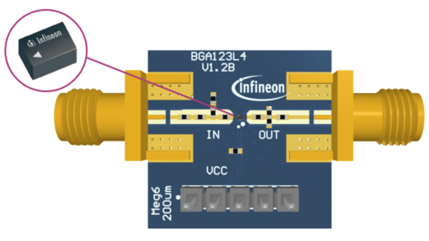 Placa de evaluación Amplificador de bajo ruido Amplificador y lineal Infineon EVALBGA123L4TOBO1, frecuencia 1615MHZ