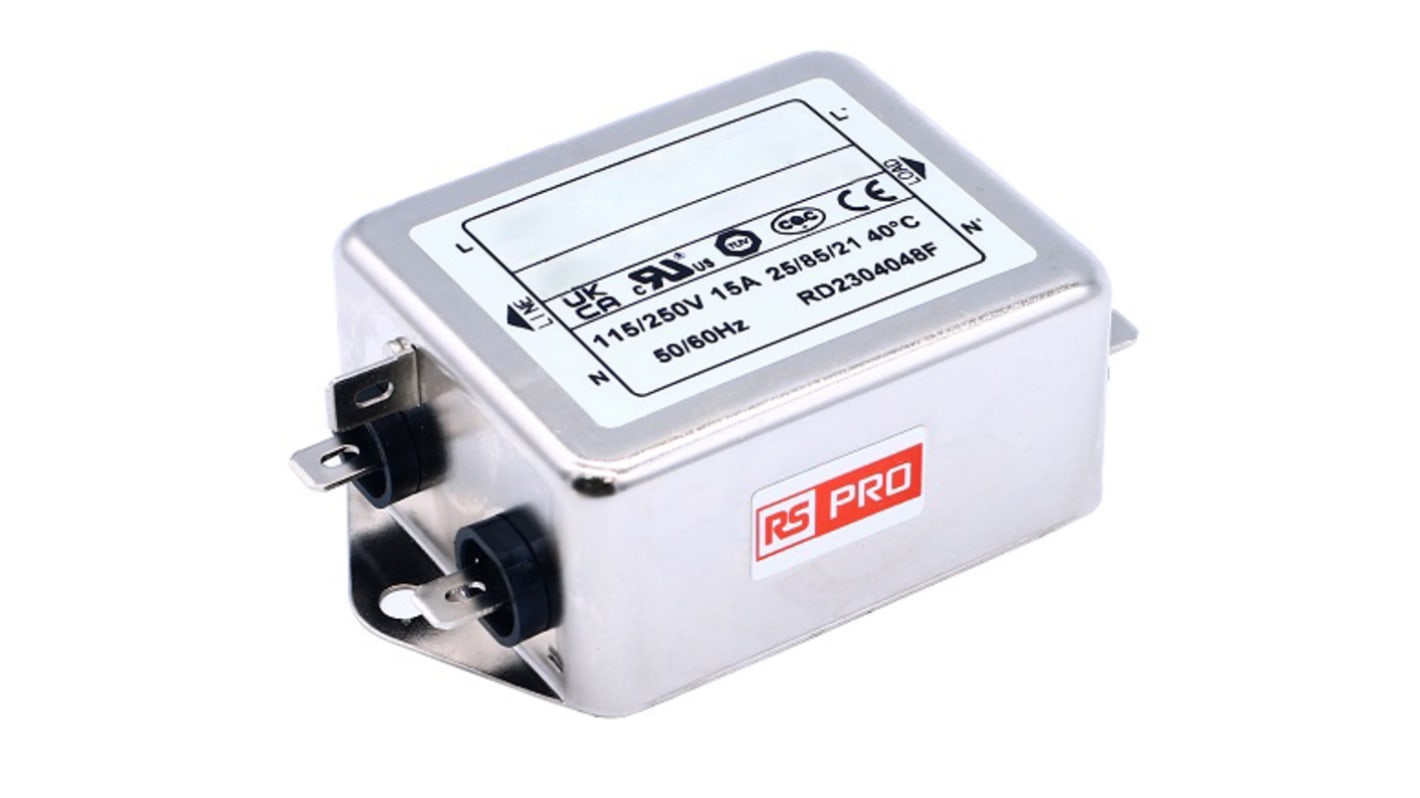 RS PRO 单相EMI滤波器, 15A, 250 V 交流, 50/60Hz, 底盘安装, Fast-On接端