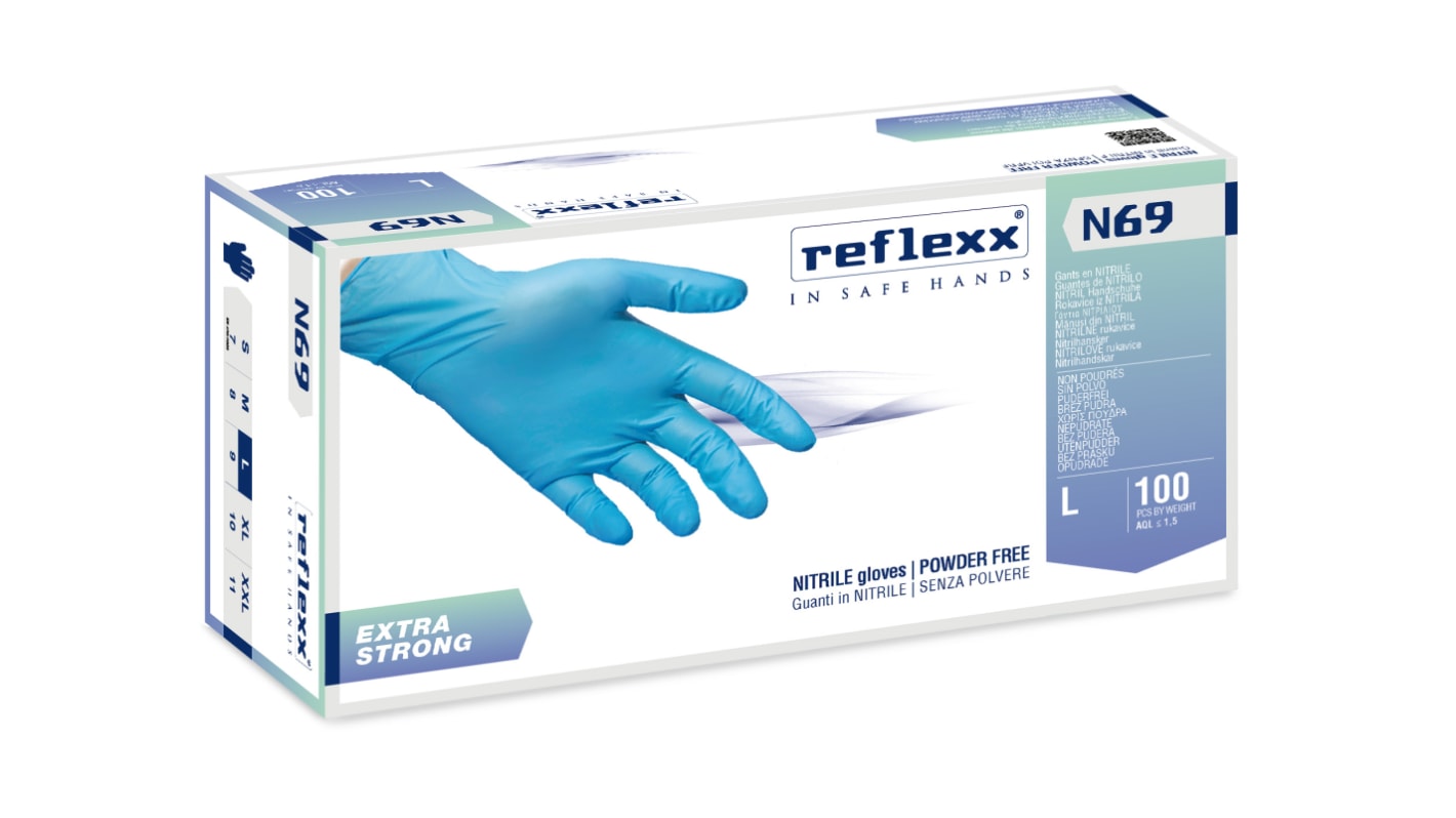 Guanti monouso in Nitrile N69 REFLEXX SPA, col. Azzurro, taglia L, conf. da 100, Senza polveri