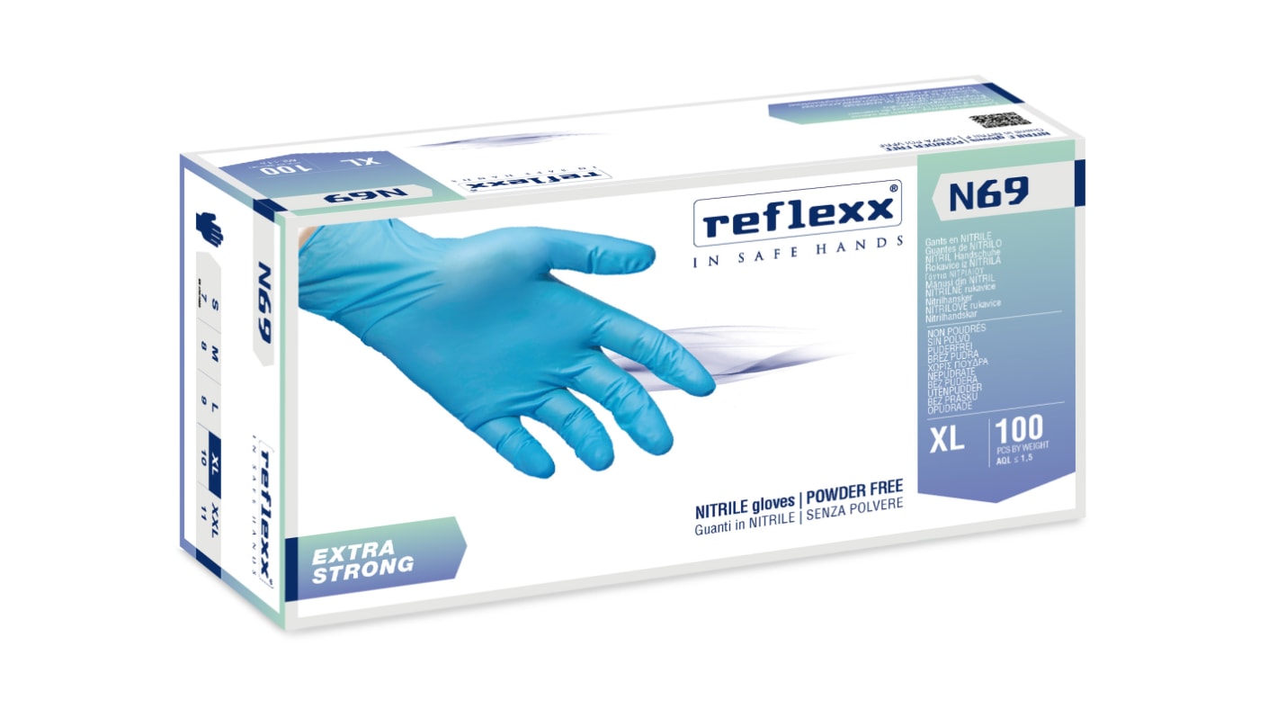 Guanti monouso in Nitrile N69 REFLEXX SPA, col. Azzurro, taglia XL, conf. da 100, Senza polveri