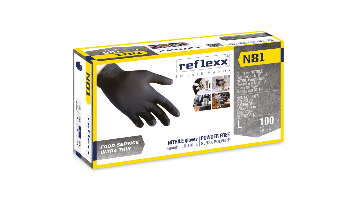 Guanti monouso in Nitrile N81 REFLEXX SPA, col. Nero, taglia L, conf. da 100, Senza polveri