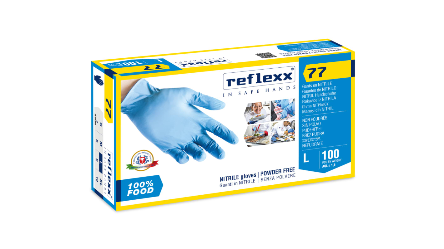 Guanti monouso in Nitrile Reflexx 77 Food Line REFLEXX SPA, col. Azzurro, taglia L, conf. da 100, Senza polveri