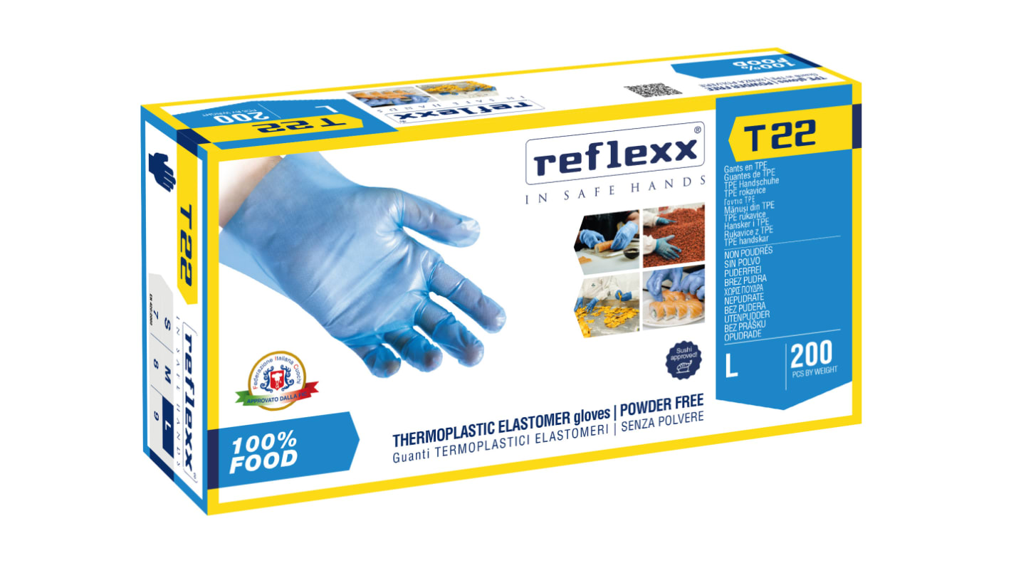 Guanti monouso in Gomma termoplastica REFLEXX T22 REFLEXX SPA, col. Blu, taglia L, conf. da 200, Senza polveri