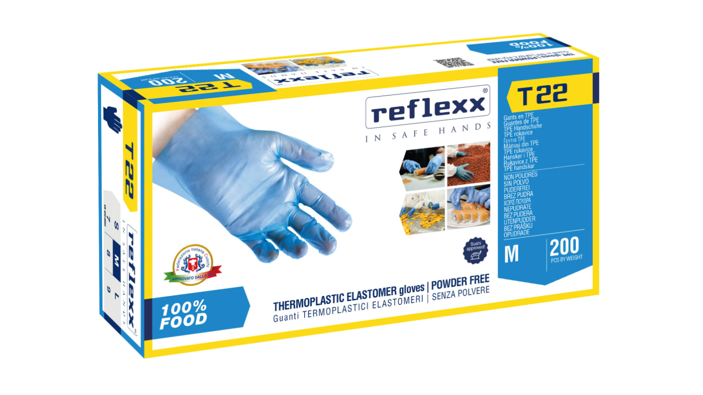 Guanti monouso in Gomma termoplastica REFLEXX T22 REFLEXX SPA, col. Blu, taglia M, conf. da 200, Senza polveri