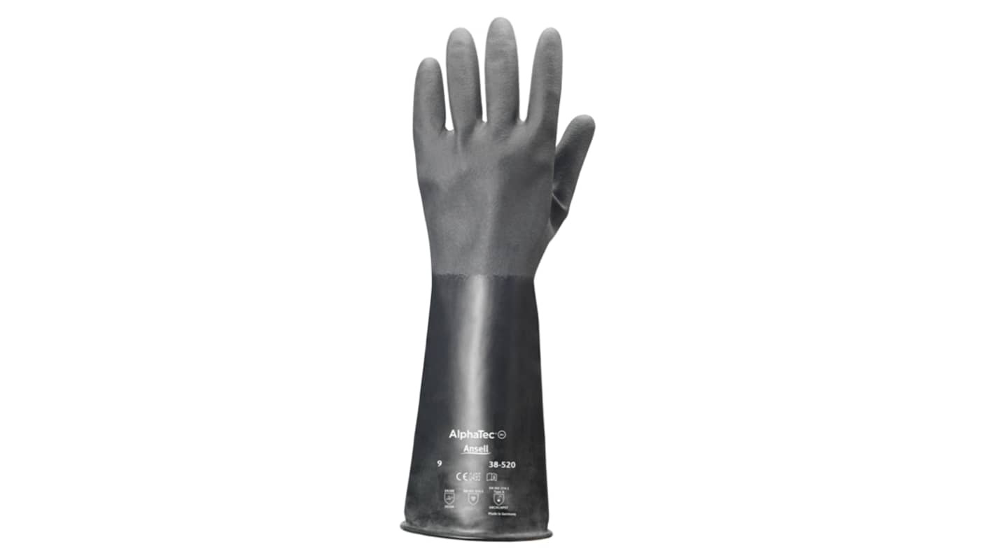 Guantes de Butilo Negro Ansell serie 38-520, talla 9, con recubrimiento de Butilo, Resistente a sustancias químicas