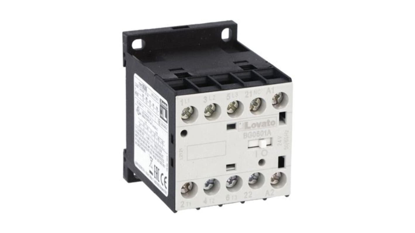 Lovato BG06 Contactor, 220 V Coil, 3-Pole, 6 A, 3 kW, 1NC, 690 V