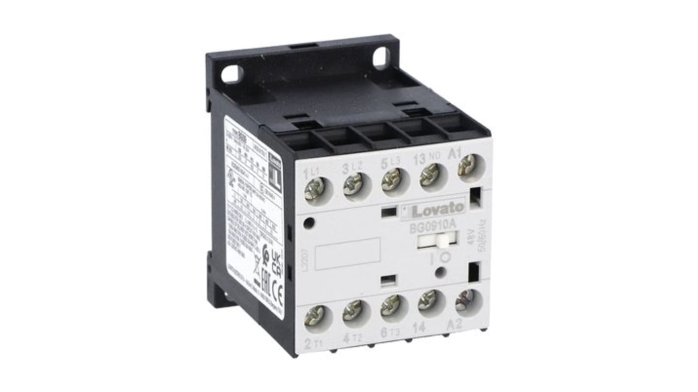 Lovato BG09 Contactor, 220 V ac Coil, 3-Pole, 9 A, 22 kW, 1NO, 690 V