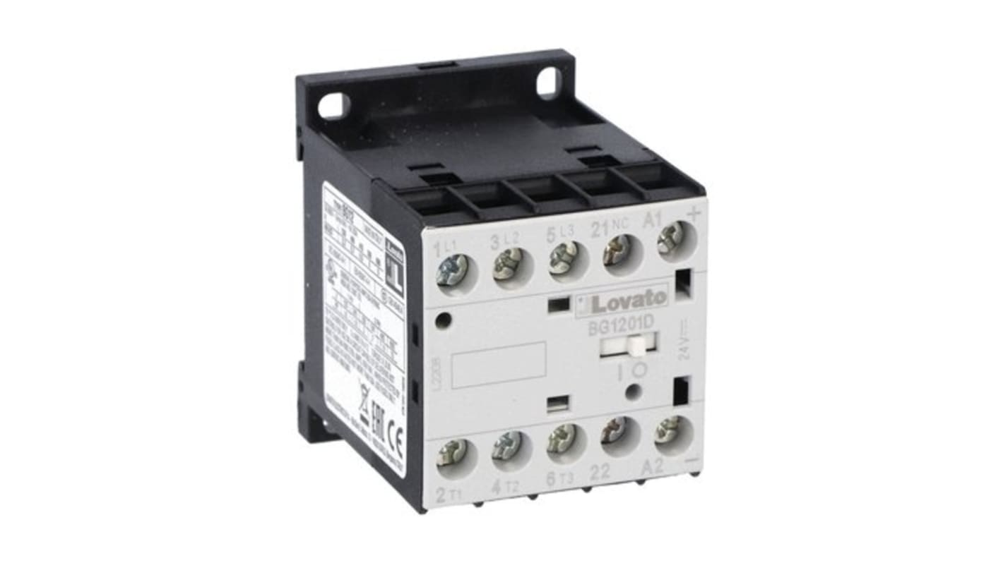 Lovato BG12 Contactor, 125 V dc Coil, 3-Pole, 12 A, 22 kW, 1NC, 690 V