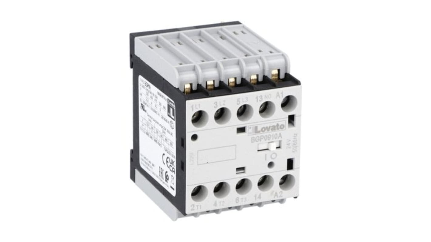 Lovato BGP09 Contactor, 24 V Coil, 3-Pole, 9 A, 5 kW, 1NC, 500 V