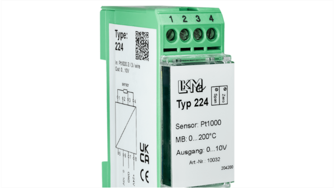 Transmisor de temperatura LKMelectronic serie LKM, rango temp: 0°C → 200°C, para Pt1000, 15 → 26 V AC/DC, 15