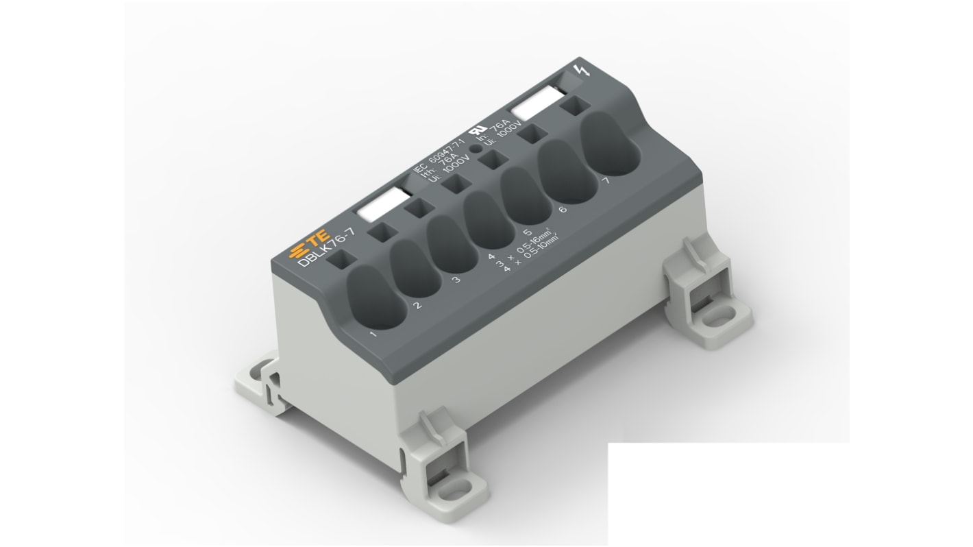 Entrelec Distribution Block, 7 Way, 1.5 → 25mm², 85A, 1 kV, Black, Grey