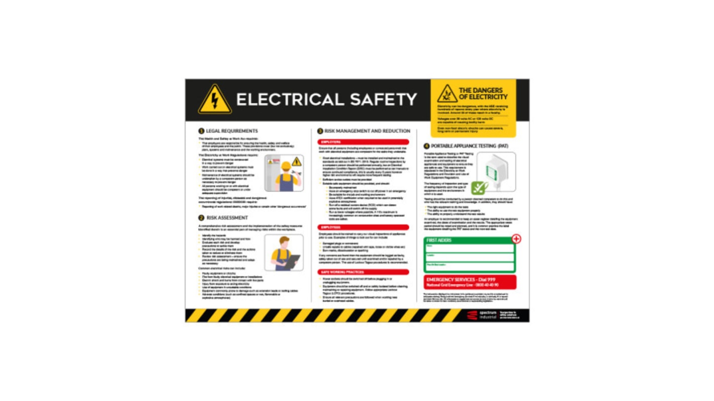 Cartel de seguridad Spectrum Industrial : Seguridad eléctrica en Inglés, 594mm x 420 mm