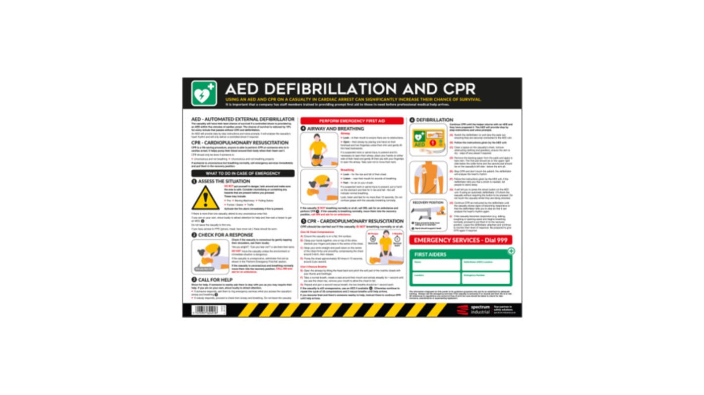 Cartel de seguridad Spectrum Industrial : RCP y desfibrilación DEA en Inglés, 594mm x 420 mm