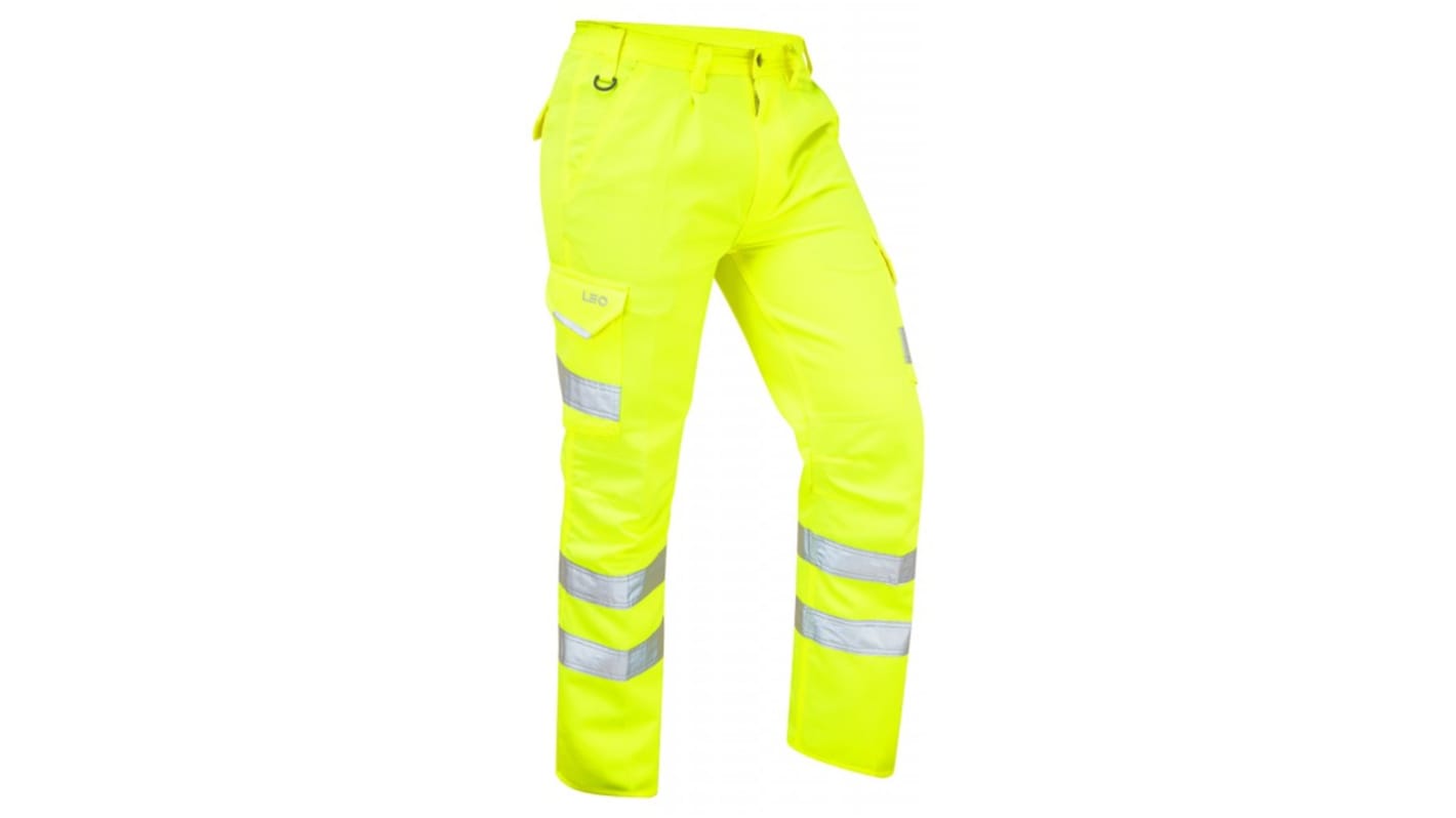 Pantalones alta visibilidad Leo Workwear Unisex, talla 32plg, de color Amarillo, resistentes a manchas, impermeables