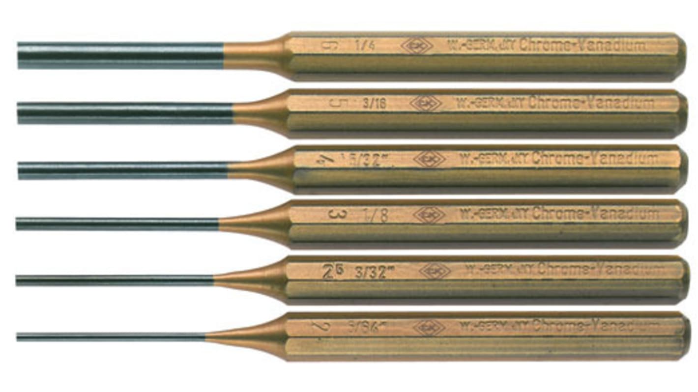 CK 6-Piece Punch Set, Parallel Pin Punch, 2.5 mm, 2 mm, 3 mm, 4 mm, 5 mm, 6 mm Shank, 75 mm Overall