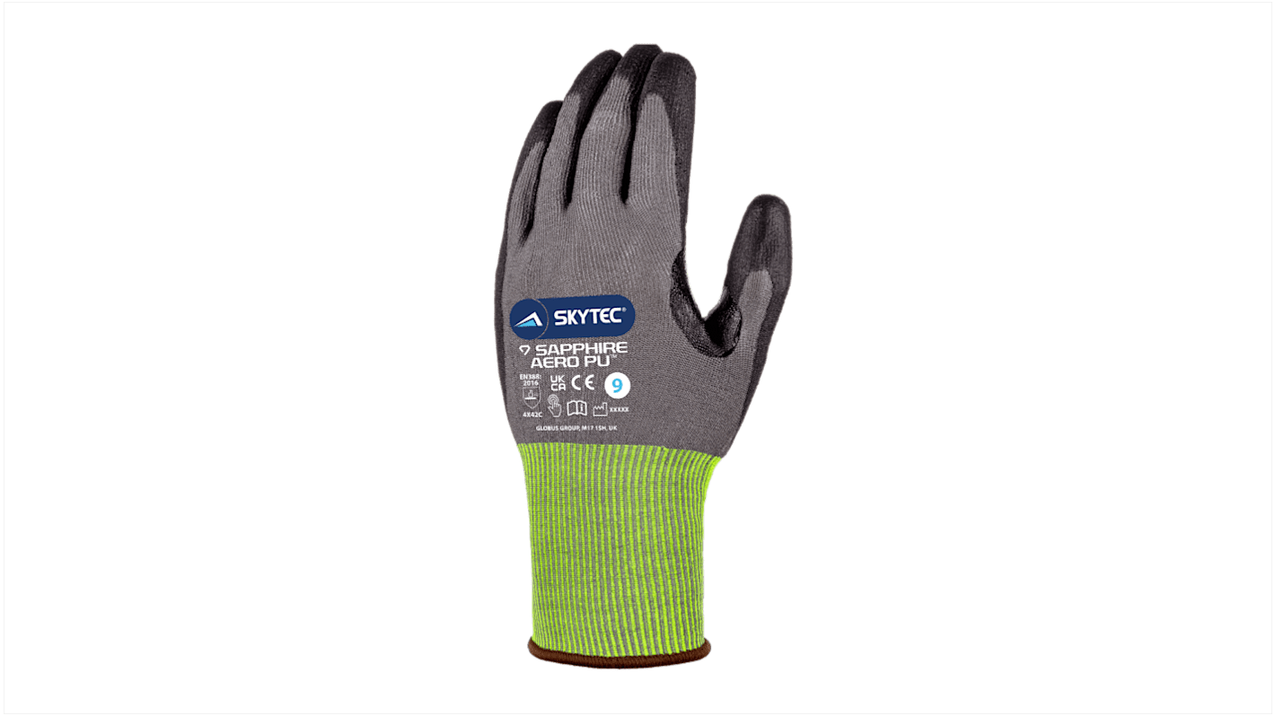 Skytec SAPPHIRE AERO PU Black, Grey HPPE Cut Resistant Work Gloves, Size 7, Polyurethane Coating