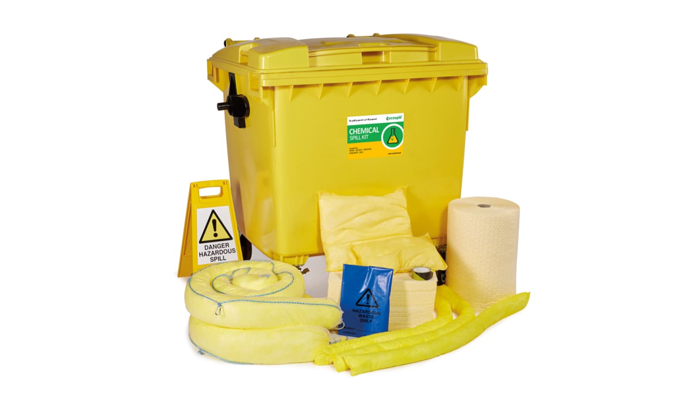 Kit para derrames Ecospill Ltd, contiene 1 x Floor Sign, 1 x Hazard Tape, 2 x Rolls 50Cm x 40Cm, 7 x Socks 3Mtr, 8 x