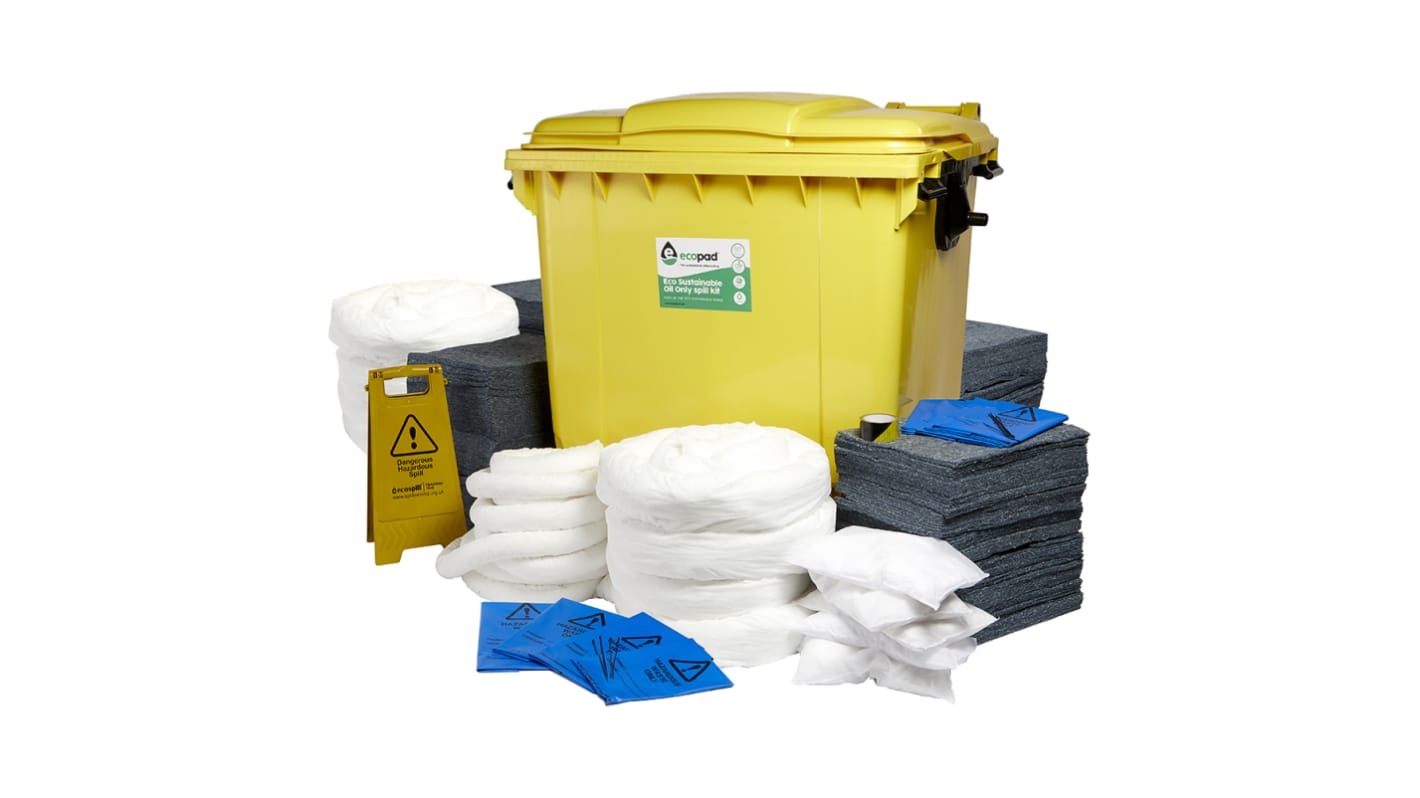 Kit para derrames Ecospill Ltd, contiene 1 x 1100 Ltr Bin, 1 x Floor Sign, 1 x Hazard Tape, 7 x 3M Socks, 8 x Booms, 20