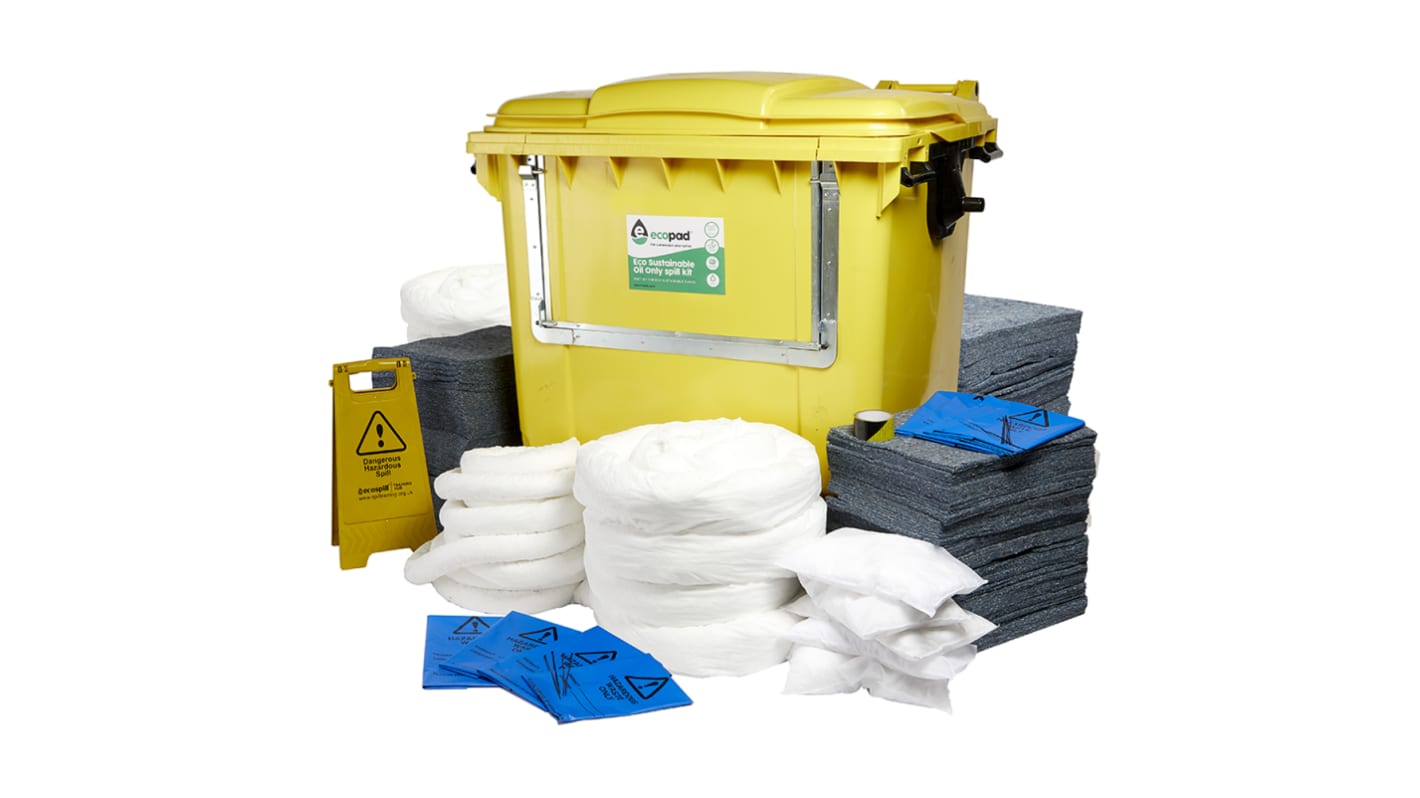 Kit para derrames Ecospill Ltd, contiene 1 x 1100 Ltr Drop Front Bin, 1 x Floor Sign, 1 x Hazard Tape, 7 x 3M Socks, 8