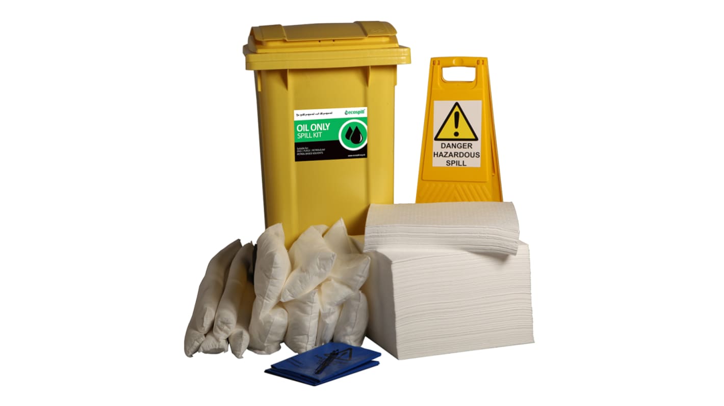 Kit para derrames Ecospill Ltd, contiene 1 x Floor Sign, 1 x Hazard Tape, 4 x 1.2Mtr Socks, 10 x 38Cm x 23Cm Pillows,