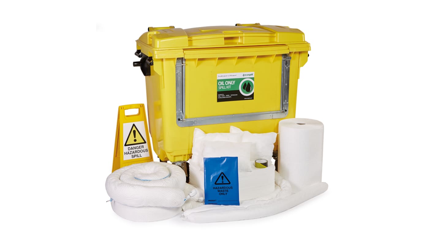 Kit para derrames Ecospill Ltd, contiene 1 x Floor Sign, 1 x Hazardtape, 2 x 50Mtr Rolls, 6 x 3Mtr Booms, 6 x 3Mtr