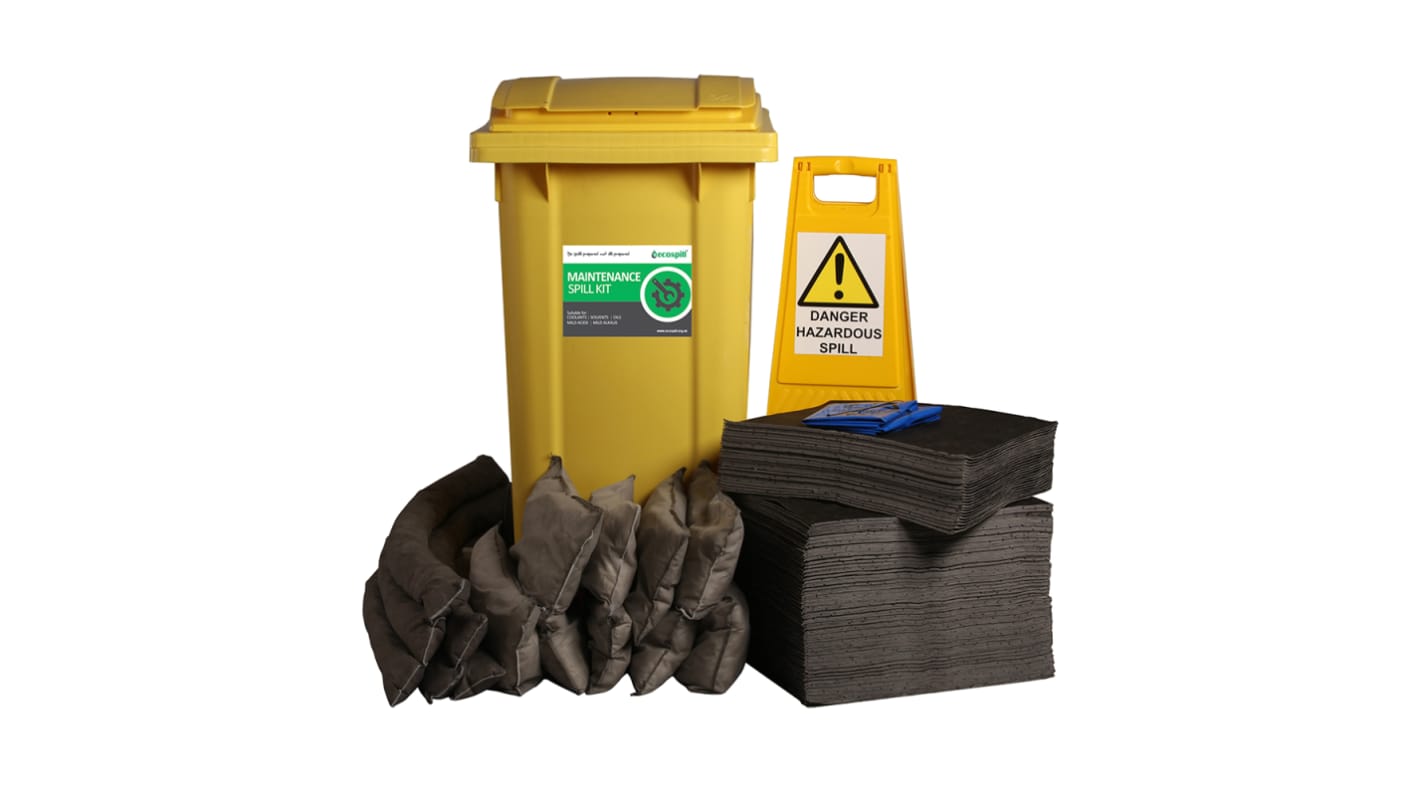 Kit para derrames Ecospill Ltd, contiene 1 x Floor Sign, 1 x Hazard Tape, 4 x 1.2Mtr Socks, 10 x 38Cm x 23Cm Pillows,