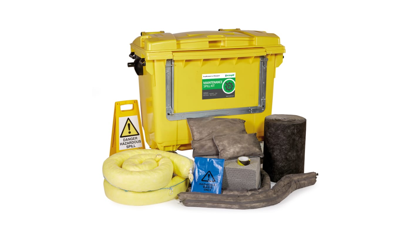 Kit para derrames Ecospill Ltd, contiene 1 x Floor Sign, 1 x Hazard Tape, 2 x Maintenance Rolls 50Mtr, 7 x Socks 3Mtr,