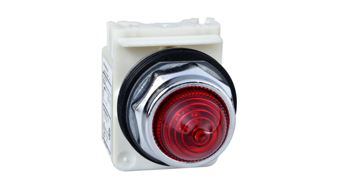 Schneider Electric, 9001K, Flush Mount Red Incandescent Pilot Light, 30mm Cutout, IP66, Round, 120V ac