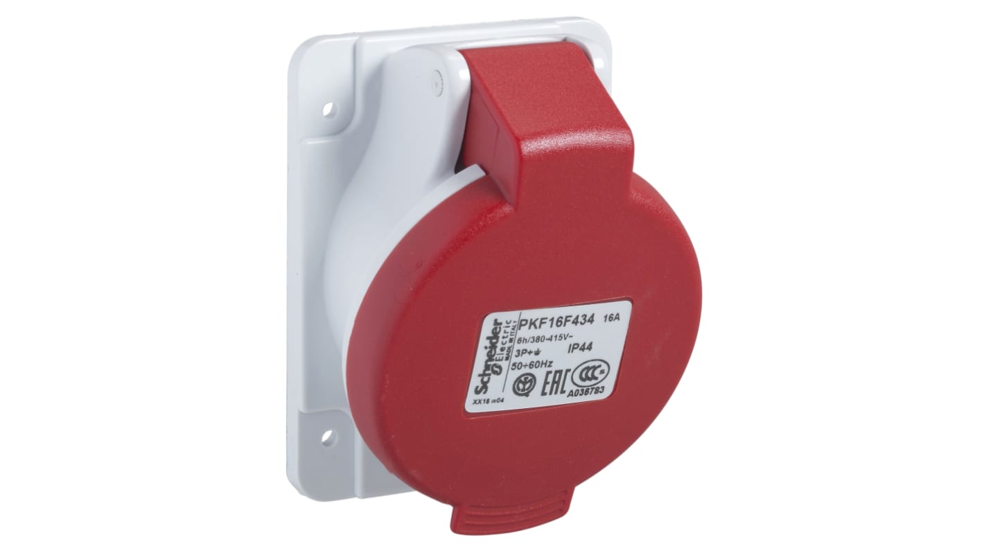 Schneider Electric, Mureva IP44 Grey Panel Mount 3P+E Angled Socket Socket, Rated At 16A, 380 → 415 V