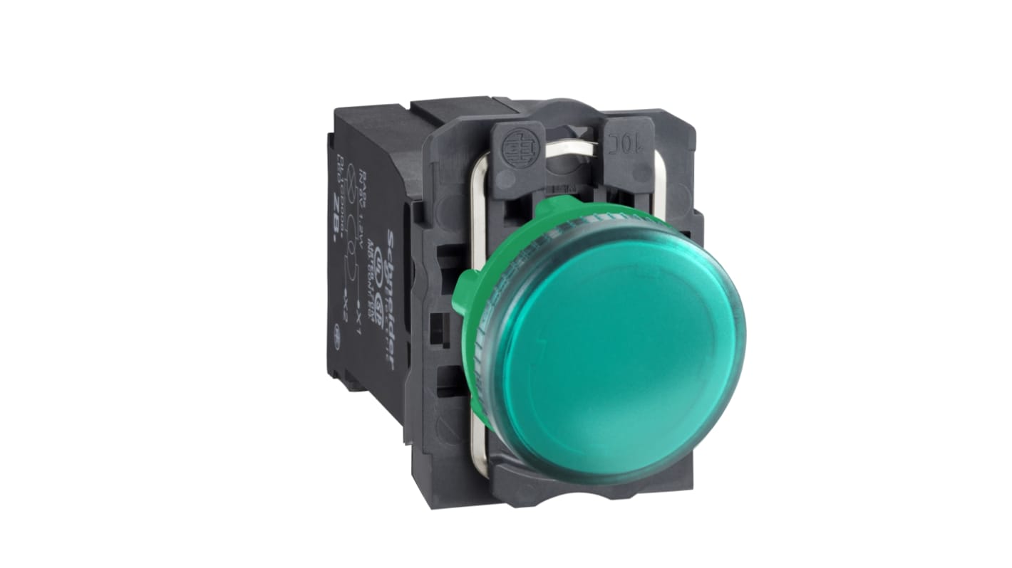 Schneider Electric, XB5, Flush Mount Green Incandescent Pilot Light, 22mm Cutout, IP66, IP67, IP69(IP69K), Round, 230
