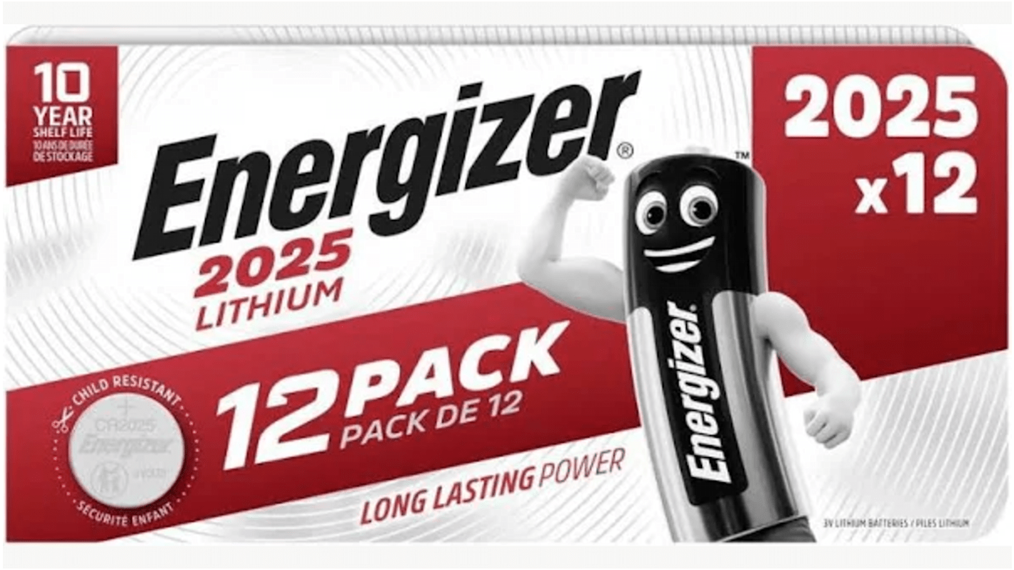 Batteria a bottone Energizer CR2025, Litio diossido di manganese, 3V, 155mAh, terminale Standard