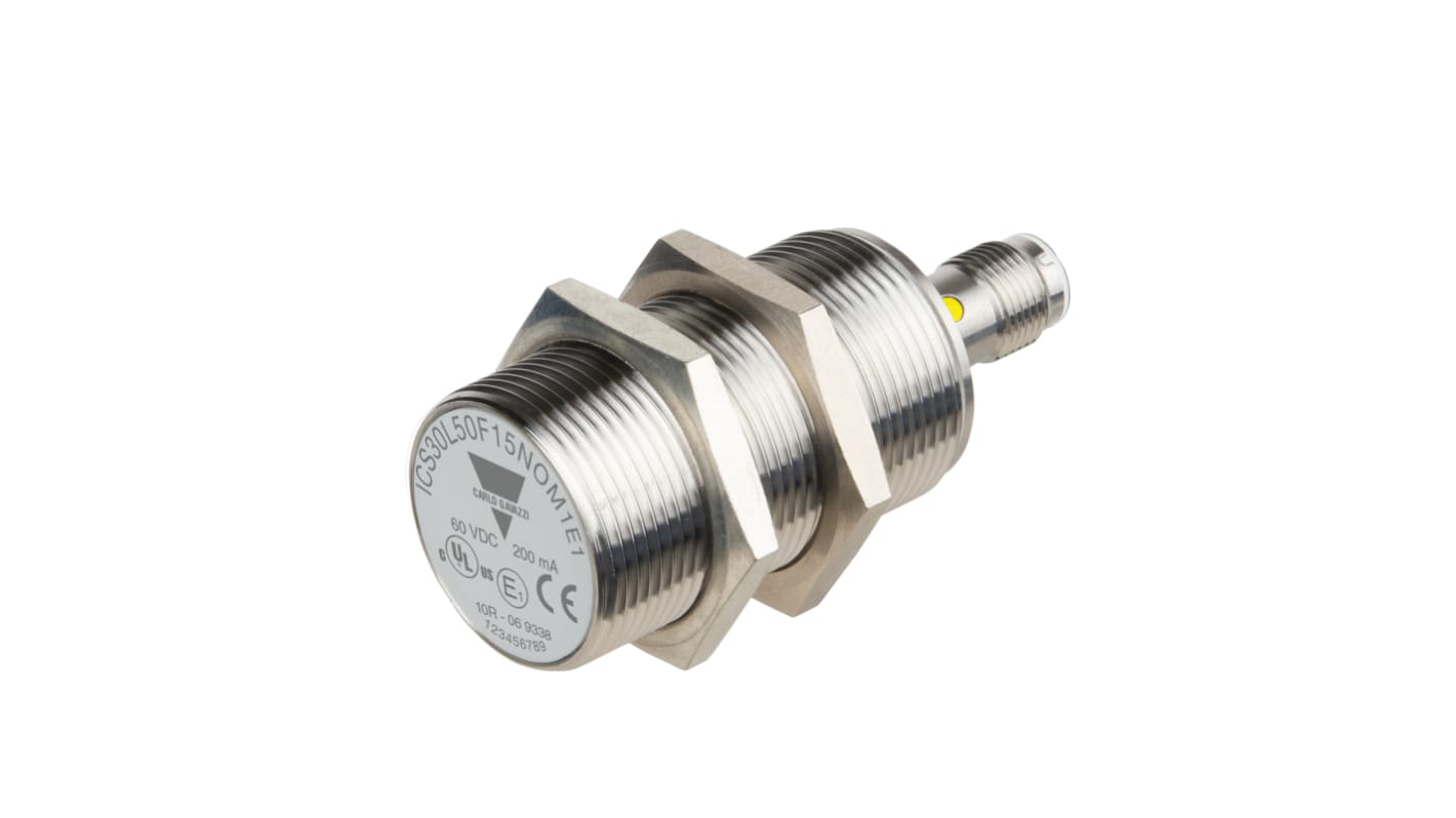 Sensor inductivo Carlo Gavazzi, M30 x 1.5, alcance 15 mm, salida NPN, 8 → 60 V dc, IP67, IP68, IP69K