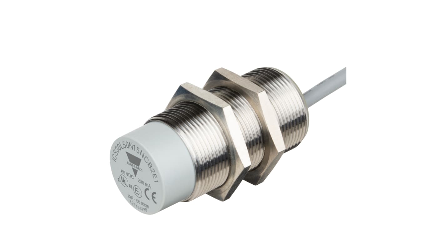 Sensor inductivo Carlo Gavazzi, M30 x 1.5, alcance 22 mm, salida NPN, 8 → 60 V dc, IP67, IP68, IP69K