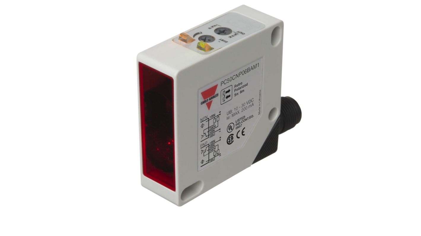 Carlo Gavazzi Rechteckig Optischer Sensor, Polarisiert retroreflektierend, Bereich 6000 mm, NPN Ausgang, Steckverbinder