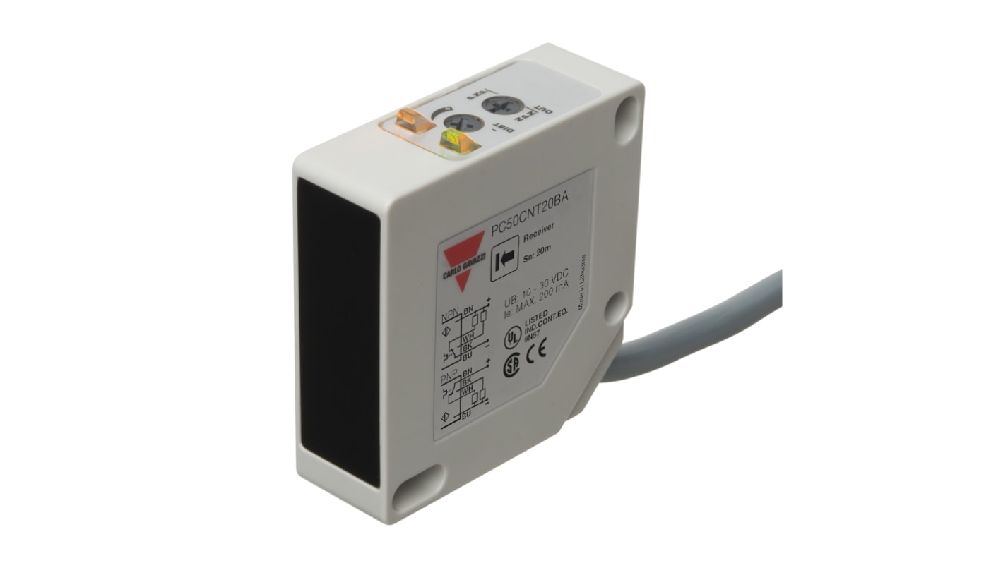 Fotocélula rectangular Carlo Gavazzi Haz pasante, alcance 20000 mm, salida NPN, Cable libre