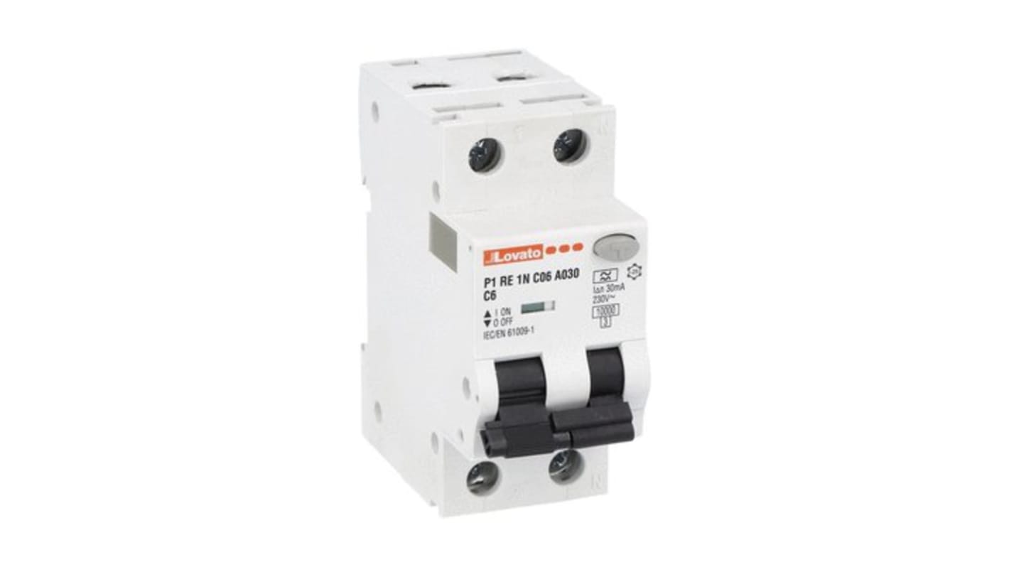 Lovato RCBO, 6A Current Rating, 1P + N Poles, 30mA Trip Sensitivity, Type A, P1RE1NC Range