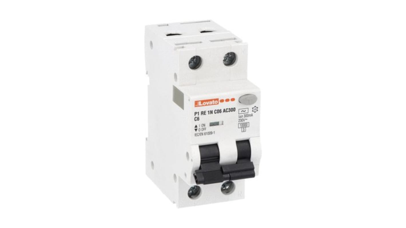 Lovato RCBO, 6A Current Rating, 1P + N Poles, 300mA Trip Sensitivity, Type A, P1RE1NC Range