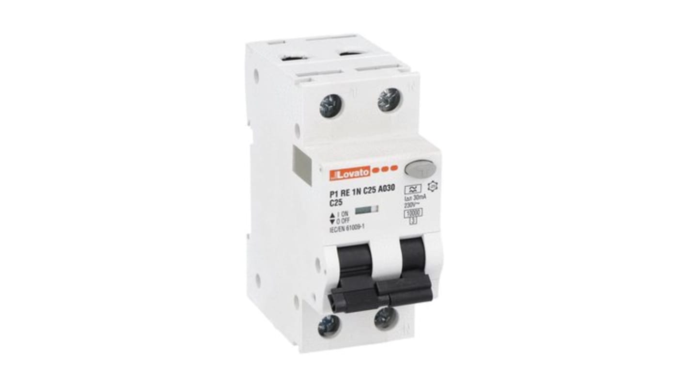 Lovato RCBO, 25A Current Rating, 1P + N Poles, 30mA Trip Sensitivity, Type A, P1RE1NC Range