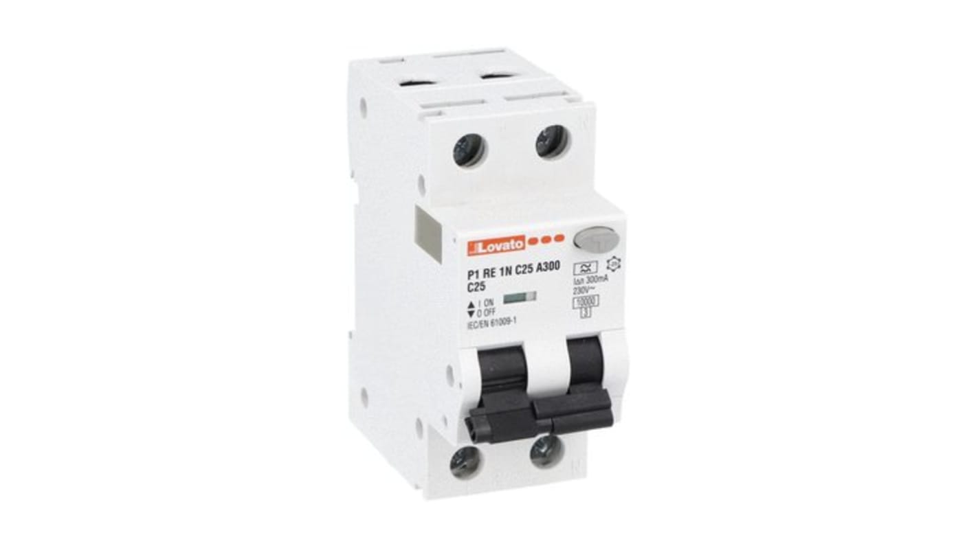 Lovato RCBO, 25A Current Rating, 1P + N Poles, 300mA Trip Sensitivity, Type A, P1RE1NC Range