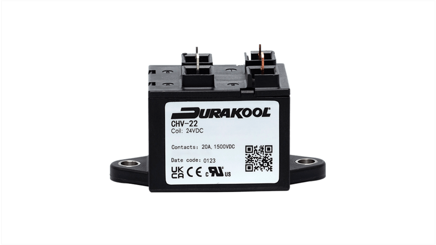 Durakool CHV CHV20 Contactor, 24 V dc Coil, 1-Pole, 20 A, NO, 1.5 kV dc