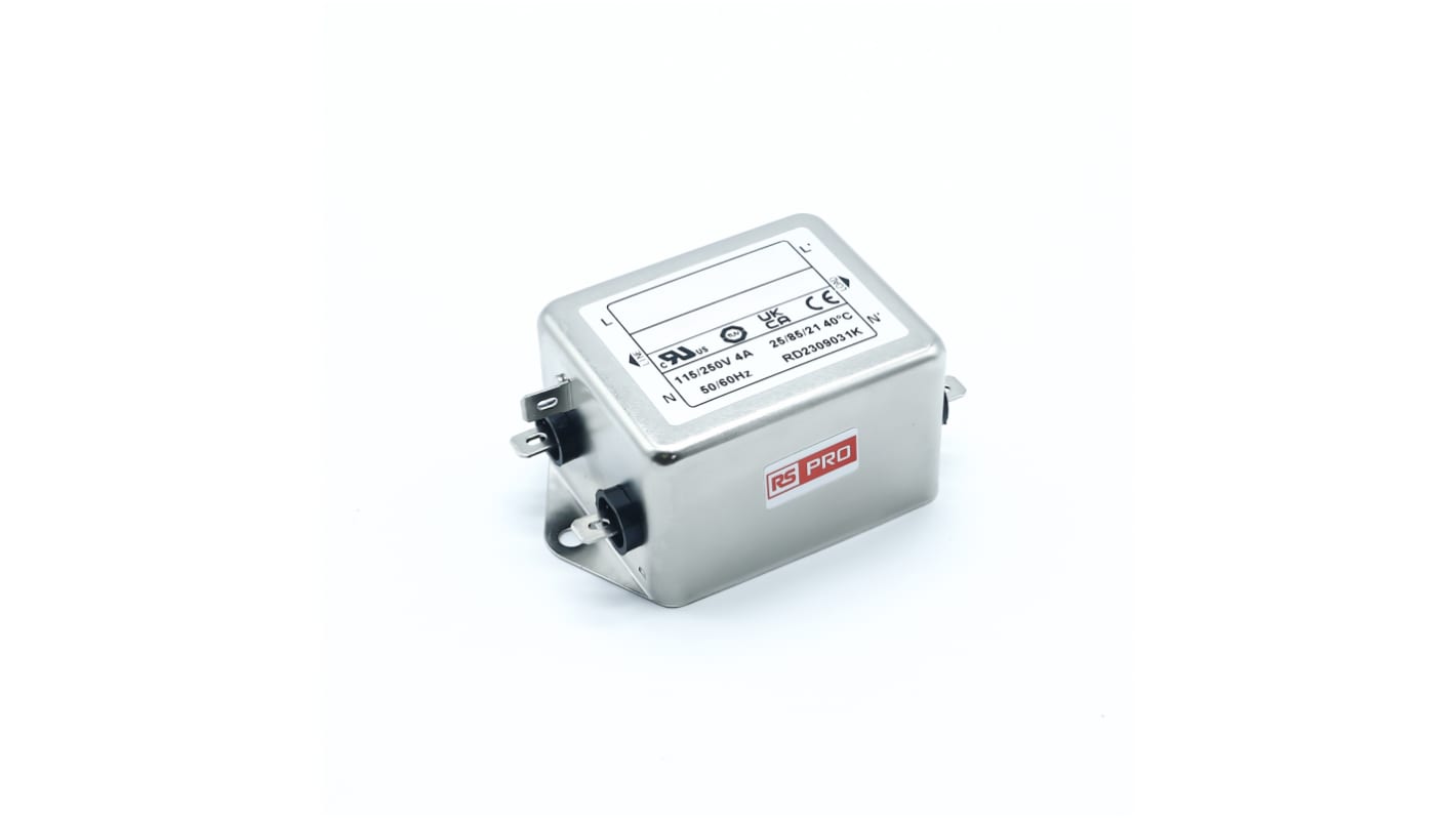 RS PRO EMV-Filter, 250 V ac, 4A, Gehäusemontage, Flachstecker, 1-phasig 1 mA / 50/60Hz Two Stage Zustände