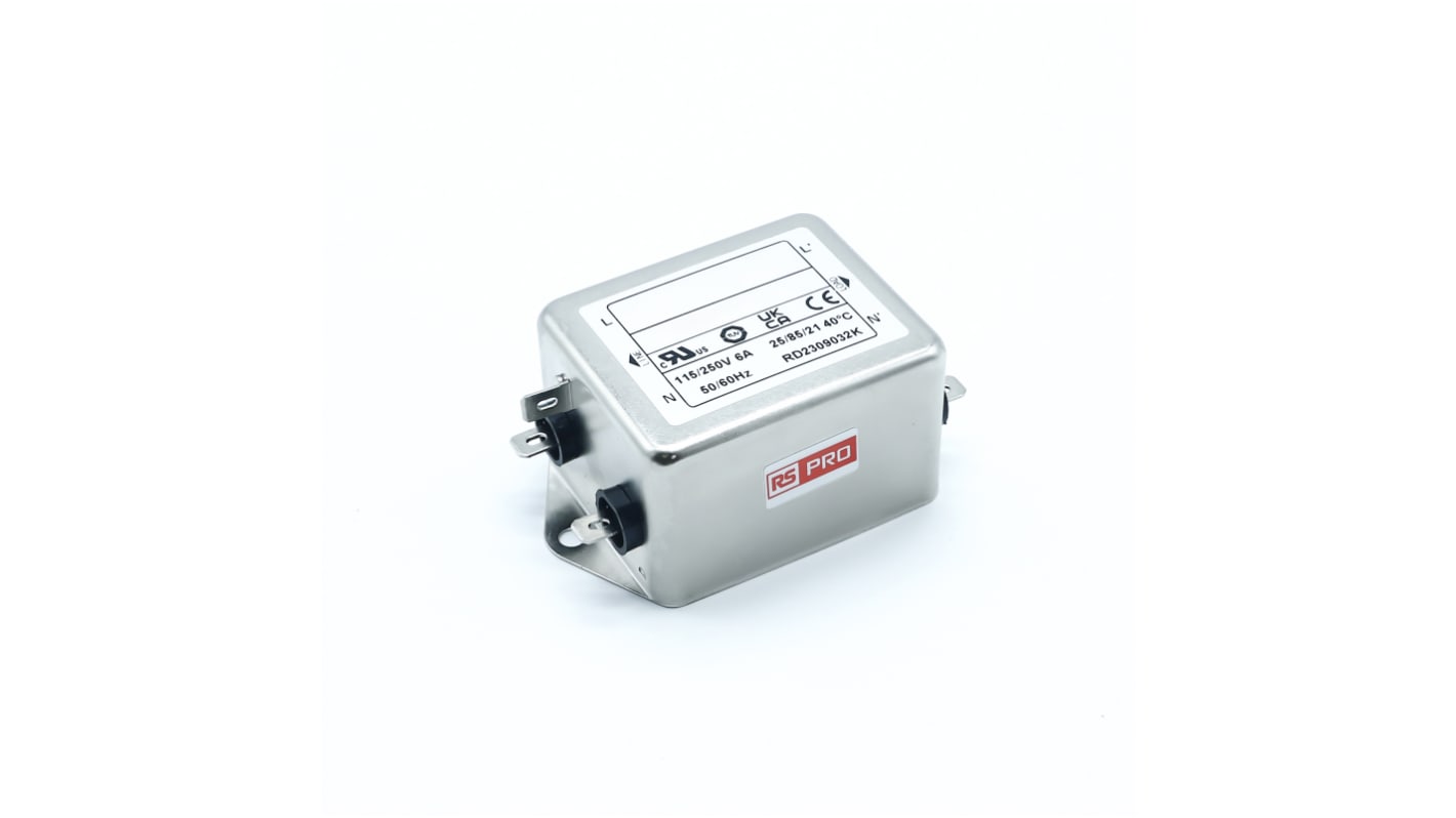 RS PRO 6A 250 V ac 50/60Hz, Chassis Mount EMI Filter, Fast-On, Single Phase