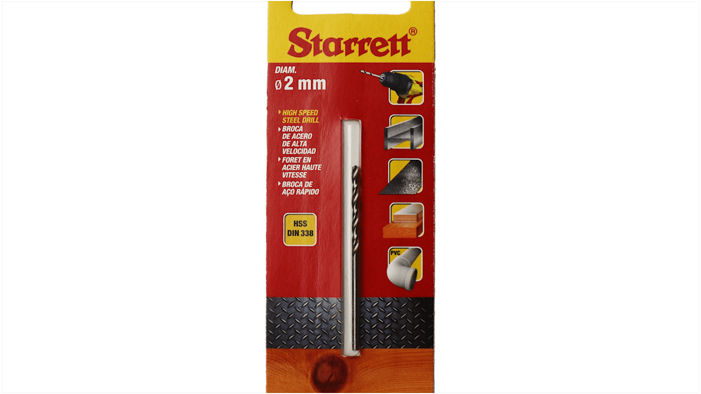 Starrett KBAR Series HSS Twist Drill Bit, 2mm Diameter, 49 mm Overall